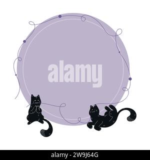 Modèle de cercle décoré avec des silhouettes de chat dessinées à la main noires dessinées dans un style Boho. Cercle avec espace vide décoré chats noirs avec ornement blanc Illustration de Vecteur