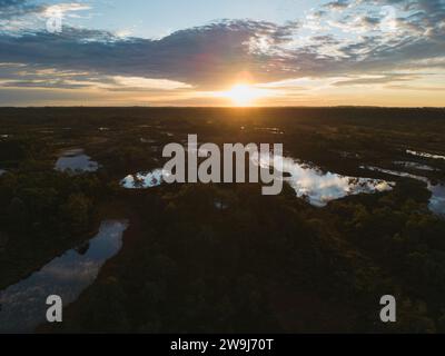 La nature de l'Estonie, le soleil brillant se lève sur la tourbière Seli. Photo drone. Photo de haute qualité Banque D'Images
