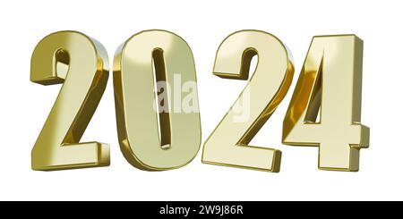 Bonne année, rendu de texte 2024 3D avec effet or, métallique, isolé sur fond transparent. Illustration 3D. Banque D'Images