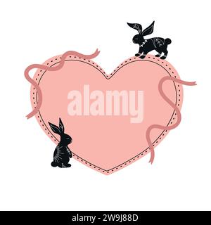 Modèle de coeur décoré avec des silhouettes de lapin noir dessinées dans le style Boho et des rubans. Forme de coeur avec espace vide. Lapins noirs avec ornements blancs Illustration de Vecteur