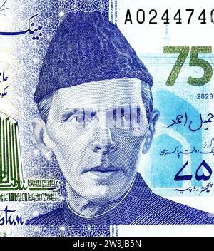 Quaid-e-Azam Muhammad Ali Jinnah (1876 - 1948). Portrait du Pakistan 75 roupie (2023) billets de banque. Muhammad Ali Jinnah est le fondateur du Pakistan Banque D'Images