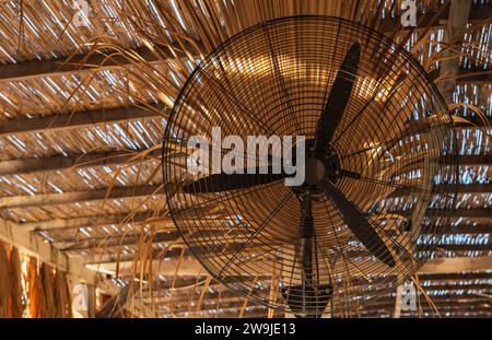 Gros plan sur ventilateur électrique dans une chaude journée d'été à la terrasse extérieure. Air de refroidissement du ventilateur électrique pendant une journée chaude. Personne Banque D'Images