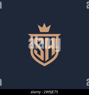 SH monogramme logo initial avec des idées de conception de style bouclier et couronne Illustration de Vecteur