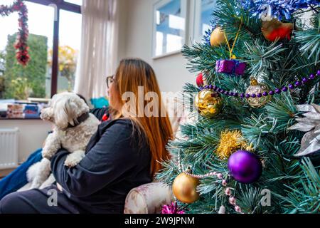 Un sapin de Noël décoré de boules colorées avec une dame assise en arrière-plan Banque D'Images