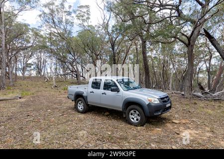 Paysage australien conduisant hors route dans la brousse dans Mazda BT50 ute véhicule utilitaire, Central West NSW, Australie Banque D'Images