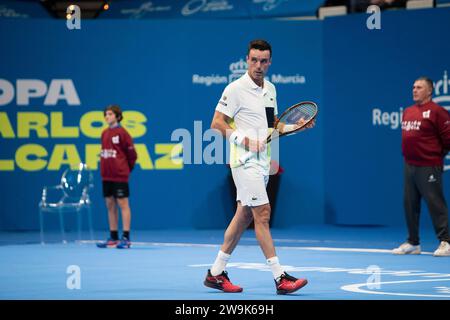 Roberto Butista,I Carlos Alcaraz Cup, match de tennis de charité, entre Carlos Alcaraz et Roberto Bautista, Palais des Sports de Murcie, 28 décembre 2023, Banque D'Images