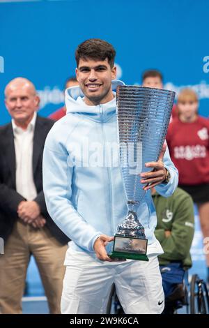 Carlos Alcaraz, I Carlos Alcaraz Cup, match de tennis de charité, entre Carlos Alcaraz et Roberto Bautista, Palais des Sports de Murcie, 28 décembre 2023, Banque D'Images