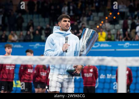 Carlos Alcaraz, I Carlos Alcaraz Cup, match de tennis de charité, entre Carlos Alcaraz et Roberto Bautista, Palais des Sports de Murcie, 28 décembre 2023, Banque D'Images