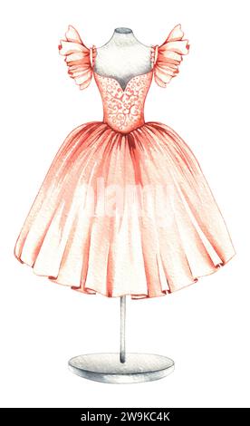 Robe ballerine aquarelle sur un cintre sur un stand. Costume de théâtre dessiné à la main d'un danseur de ballet sur un fond blanc pour la conception de cartes, Lab Banque D'Images