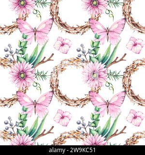 Motif aquarelle avec des fleurs, des bouquets et des couronnes.les fleurs sont dessinées à la main isolé. Modèle sans couture pour cartes, invitations, tissus, accessoires Banque D'Images