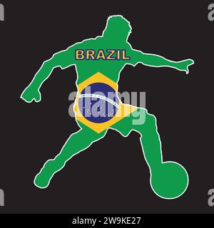 Silhouette d'un footballeur brésilien avec les couleurs du drapeau national sur fond noir Illustration de Vecteur