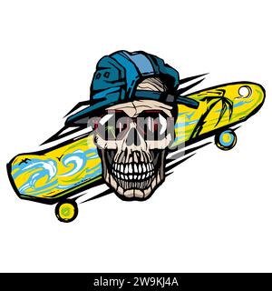 Crâne de skateboarder avec planches à roulettes croisées. Élément de design pour logo, étiquette, affiche, t-shirt. Illustration vectorielle Illustration de Vecteur