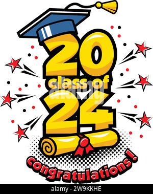 en-tête pour les diplômés de la classe 2024. Décorez les félicitations pour les diplômés de l'école dans le style de bande dessinée. Vecteur sur fond transparent Illustration de Vecteur