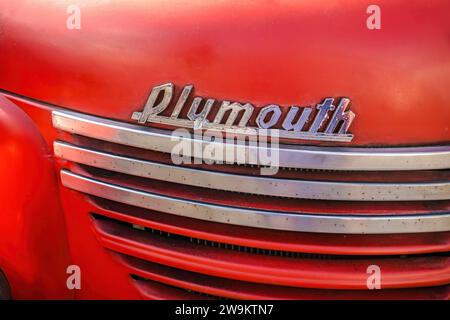 WETTENBERG, HESSE, ALLEMAGNE - 07 - 28 - 2023 : PLYMOUTH Truck car Lettering en détail sur un salon de voitures Golden Oldies à Krofdorf-Gleiberg, près de Giessen, HE Banque D'Images