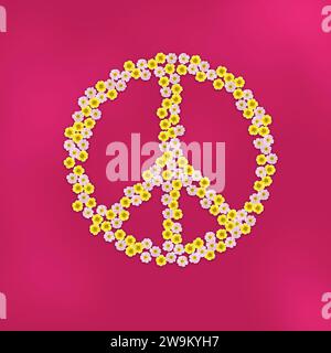 Symbole de paix hippie fait de fleurs primula sur fond rose Banque D'Images