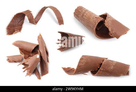 Nombreuses boucles de chocolat isolées sur blanc, collection Banque D'Images