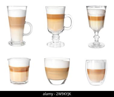 Délicieux latte macchiato dans différents verres sur fond blanc, ensemble Banque D'Images