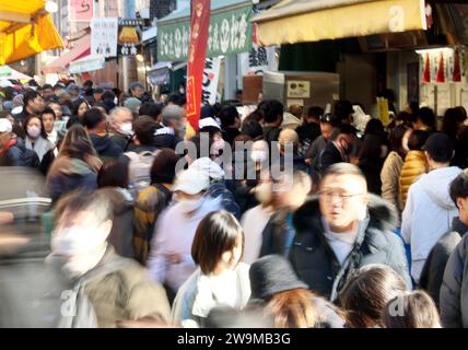 Tokyo, Japon. 29 décembre 2023. Le marché de Tsukiji à Tokyo est bondé par les acheteurs de fin d'année le vendredi 29 décembre 2023. Les gens appréciaient de magasiner des produits marins et des aliments transformés pour préparer les vacances du nouvel an. (Photo de Yoshio Tsunoda/AFLO) Banque D'Images