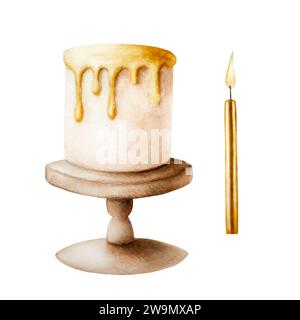 Anniversaire aquarelle, gâteau de vacances avec bougie d'or sur un support en bois. Illustration de crème dorée dessinée à la main isolée sur fond blanc. Elément brillant Banque D'Images