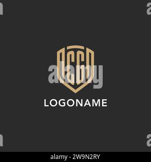 Logo CG de luxe monogramme forme bouclier style monoline avec couleur or et graphique vectoriel de fond sombre Illustration de Vecteur