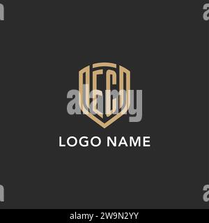 Logo EC de luxe monogramme forme bouclier style monoline avec couleur or et graphique vectoriel de fond sombre Illustration de Vecteur