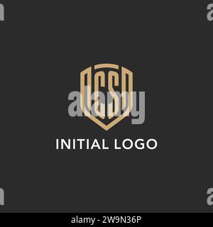 Logo CS de luxe monogramme forme bouclier style monoline avec couleur or et graphique vectoriel de fond sombre Illustration de Vecteur