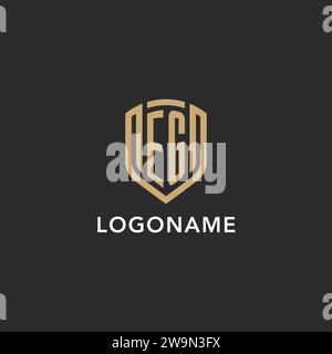 Logo EG de luxe monogramme forme bouclier style monoline avec couleur or et graphique vectoriel de fond sombre Illustration de Vecteur