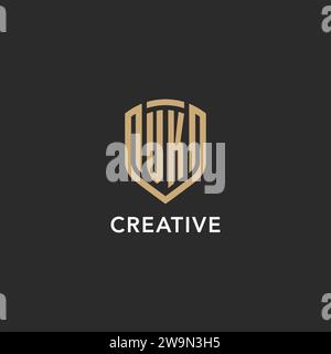 Logo VK de luxe monogramme forme bouclier style monoline avec couleur or et graphique vectoriel de fond sombre Illustration de Vecteur