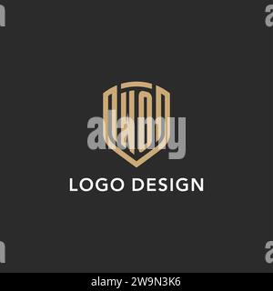 Logo WO de luxe monogramme forme bouclier style monoline avec couleur or et graphique vectoriel de fond sombre Illustration de Vecteur