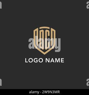 Logo DC de luxe monogramme forme bouclier style monoline avec couleur or et graphique vectoriel de fond sombre Illustration de Vecteur