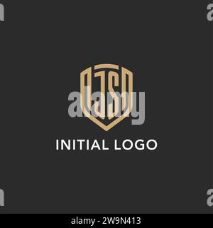 Logo JS de luxe monogramme forme bouclier style monoline avec couleur or et graphique vectoriel de fond sombre Illustration de Vecteur