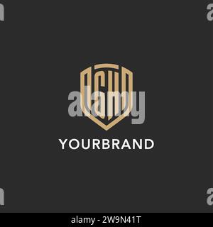 Logo GH de luxe monogramme forme bouclier style monoline avec couleur or et graphique vectoriel de fond sombre Illustration de Vecteur