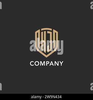 Logo HJ de luxe monogramme forme bouclier style monoline avec couleur or et graphique vectoriel de fond sombre Illustration de Vecteur