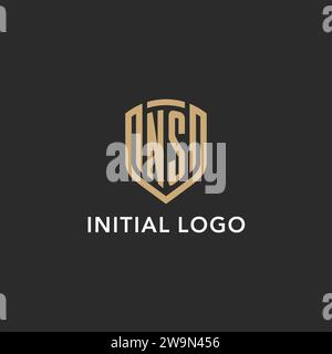 Logo NS de luxe monogramme forme bouclier style monoline avec couleur or et graphique vectoriel de fond sombre Illustration de Vecteur