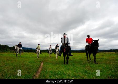 Un groupe de chevaux et leurs cavaliers marchent à travers un champ dans la campagne du Chiapas, au Mexique. Banque D'Images