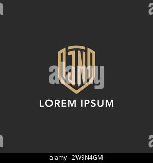 Logo JN de luxe monogramme forme bouclier style monoline avec couleur or et graphique vectoriel de fond sombre Illustration de Vecteur