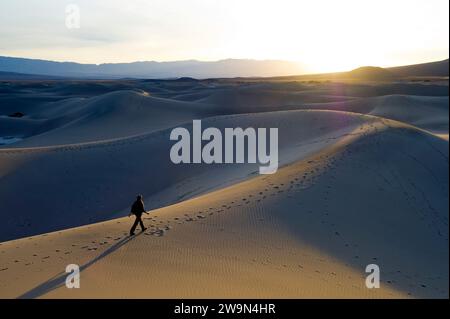 Une jeune femme fait une randonnée sur les dunes de sable de Mesquite Flat dans le parc national de la Vallée de la mort au lever du soleil, en Californie. Banque D'Images