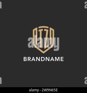 Logo TZ de luxe monogramme forme bouclier style monoline avec couleur or et graphique vectoriel de fond sombre Illustration de Vecteur