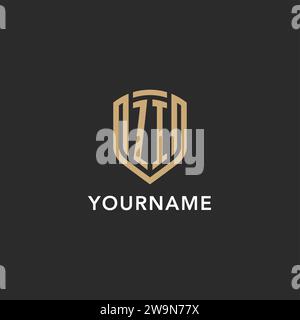 Logo ZI de luxe monogramme forme bouclier style monoline avec couleur or et graphique vectoriel de fond sombre Illustration de Vecteur