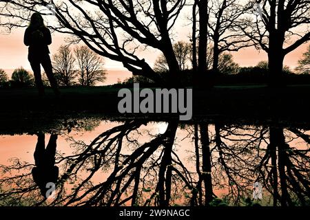 Une femme en silhouette se reflète dans une piscine d'eau par des arbres dans la campagne dans la soirée à Londres Royaume-Uni Banque D'Images