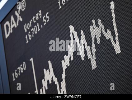 29 décembre 2023, Hesse, Francfort-sur-le-main : la courbe de Dax montre des hauts et des bas sur le parquet de la Bourse de Francfort. Lors du dernier jour de bourse d'une année boursière forte 2023, l'indice de référence allemand (Dax) montre peu de changement. Photo : Arne Dedert/dpa Banque D'Images