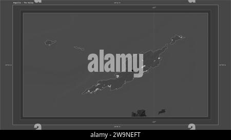 Anguilla mis en évidence sur une carte d'altitude à deux niveaux avec la carte des lacs et des rivières avec le point de la capitale du pays, la grille cartographique, l'échelle de distance et la carte Banque D'Images