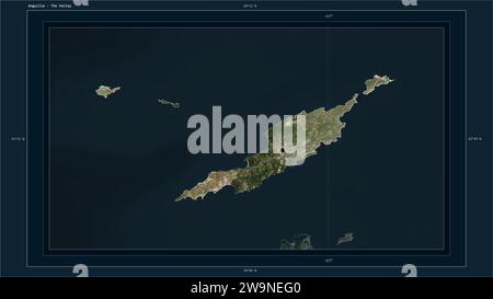 Anguilla a mis en évidence sur une carte satellite haute résolution avec le point de la capitale du pays, la grille cartographique, l'échelle de distance et la carte de coordonnées de frontière Banque D'Images