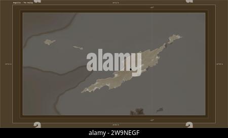 Anguilla mis en évidence sur une carte d'altitude colorée en tons sépia avec lacs et rivières carte avec le point de la capitale du pays, grille cartographique, distance Banque D'Images