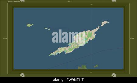 Anguilla mise en évidence sur une carte topographique de style OSM standard avec le point de la capitale du pays, la grille cartographique, l'échelle de distance et la frontière de la carte c Banque D'Images