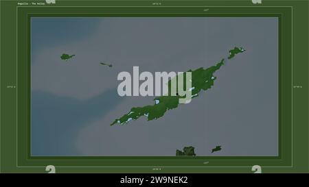 Anguilla mis en évidence sur une carte d'altitude couleur pâle avec des lacs et des rivières carte avec le point de la capitale du pays, grille cartographique, échelle de distance et Banque D'Images