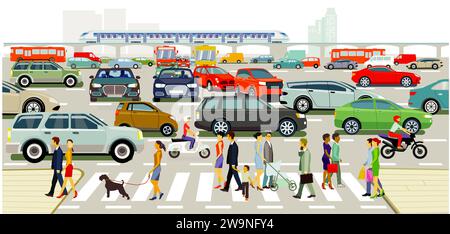 Silhouette de ville d'une ville avec trafic et personnes, illustration Banque D'Images
