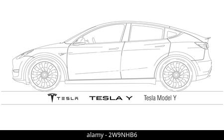 États-Unis, année 2020, silhouette y de modèle de voiture électrique Tesla, dessins de contour, illustration Banque D'Images