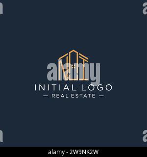 Lettre initiale ni logo avec forme de maison abstraite, graphisme vectoriel de conception de logo immobilier de luxe et moderne Illustration de Vecteur