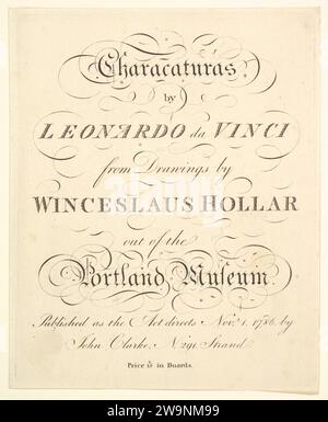 Page de titre : Characaturas de Léonard de Vinci, d'après les dessins de Wincelslas Hollar, du Portland Museum 1953 par Venceslaus Hollar Banque D'Images